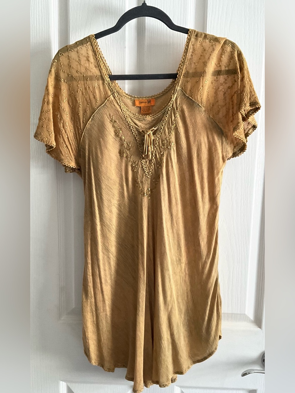 Gold Cotton Tunic Mini Dress Top XL Embroidery Boho Chic Festival Indie Fairy